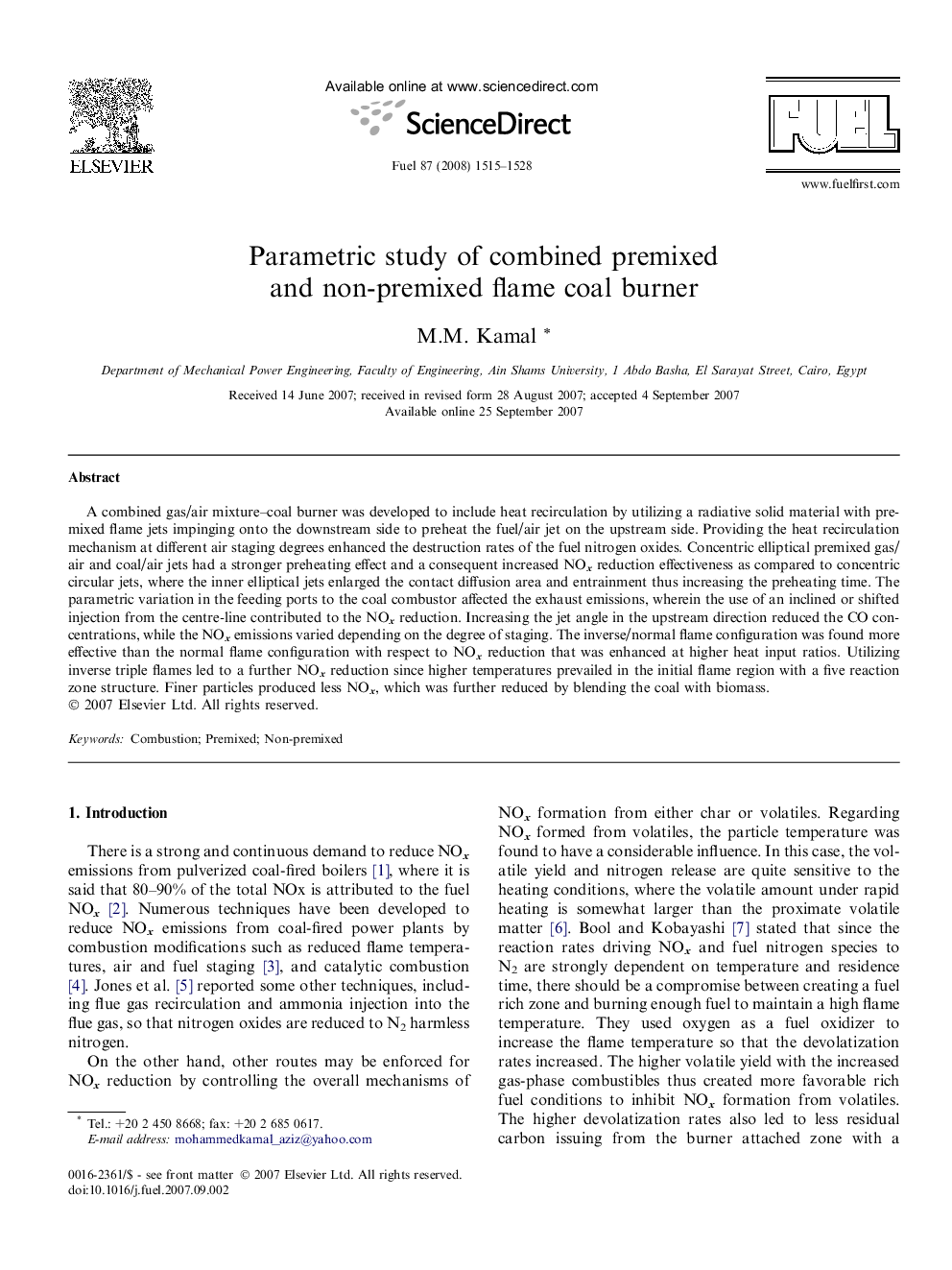 Parametric study of combined premixed and non-premixed flame coal burner