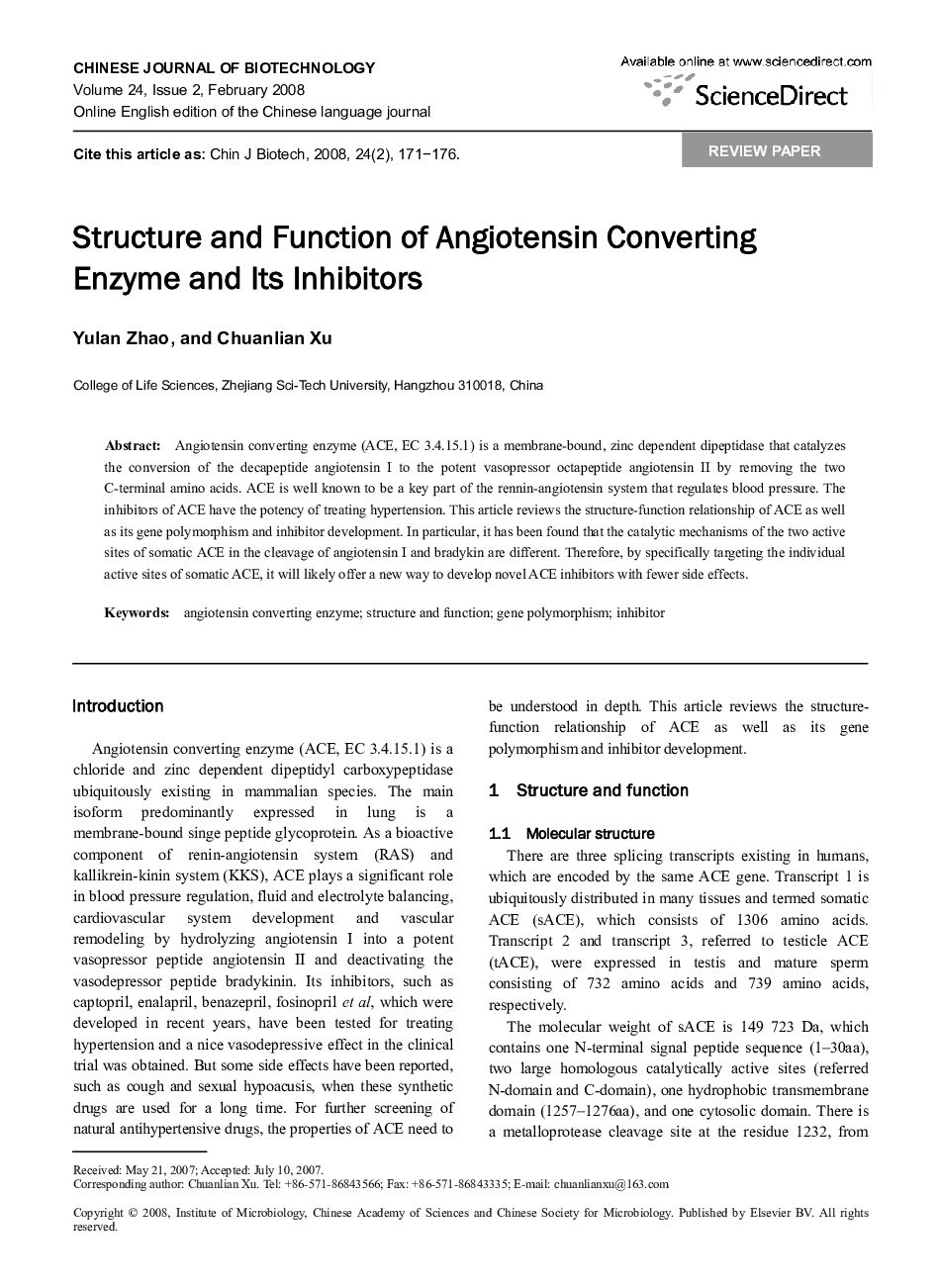 Structure and Function of Angiotensin Converting Enzyme and Its Inhibitors