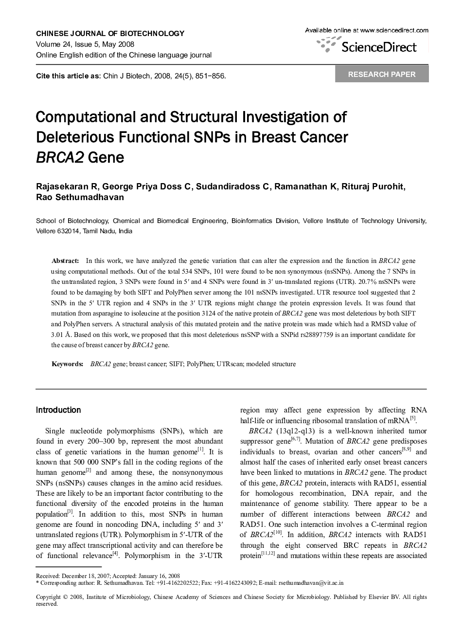 Computational and Structural Investigation of Deleterious Functional SNPs in Breast Cancer BRCA2 Gene