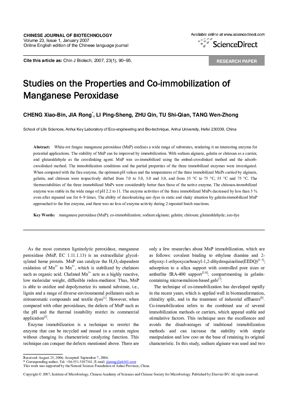 Studies on the Properties and Co-immobilization of Manganese Peroxidase