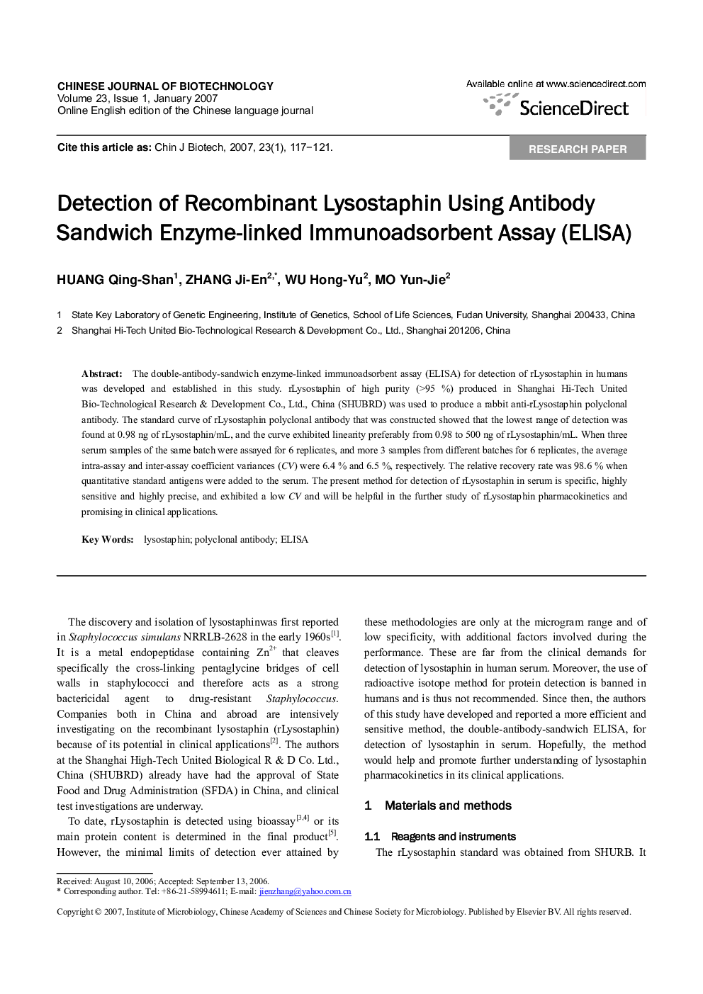 Detection of Recombinant Lysostaphin Using Antibody Sandwich Enzyme-linked Immunoadsorbent Assay (ELISA)