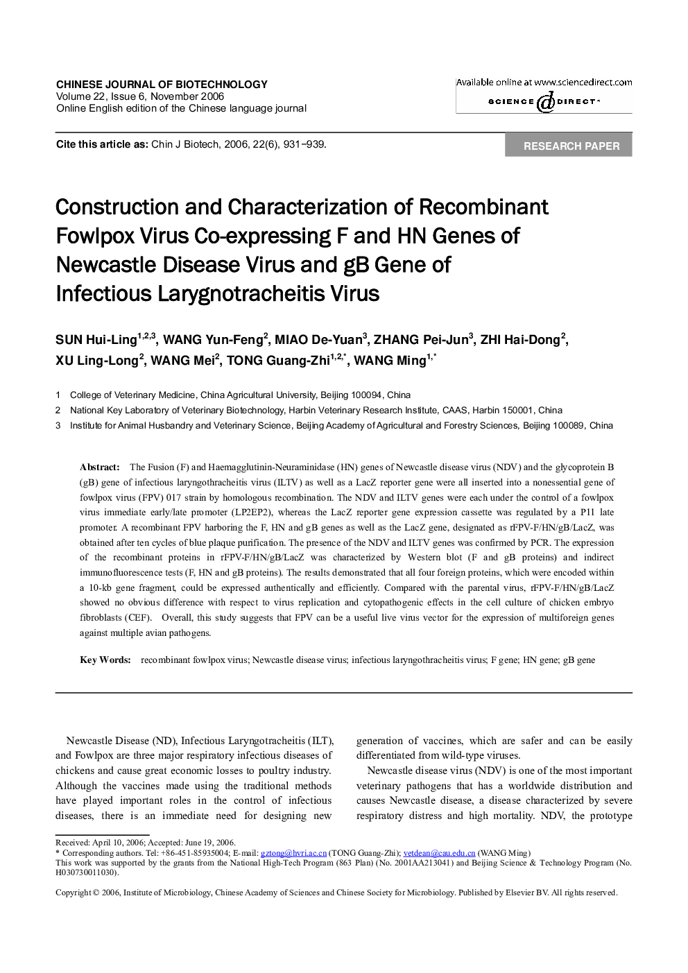 Construction and characterization of recombinant fowlpox virus co-expressing F and HN genes of newcastle disease virus and gB gene of infectious larygnotracheitis virus