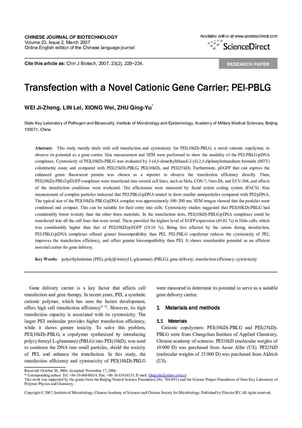 Transfection with a Novel Cationic Gene Carrier: PEI-PBLG