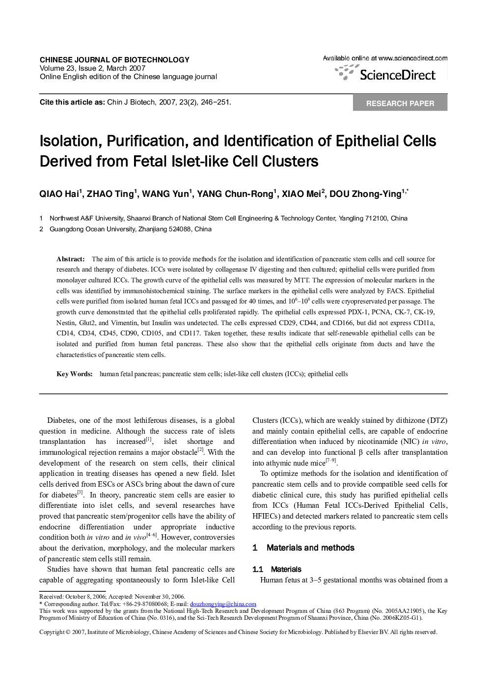 Isolation, Purification, and Identification of Epithelial Cells Derived from Fetal Islet-like Cell Clusters