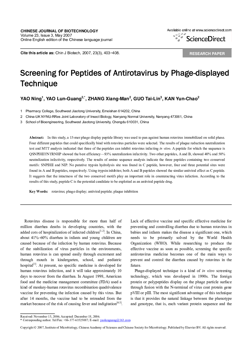 Screening for Peptides of Antirotavirus by Phage-displayed Technique