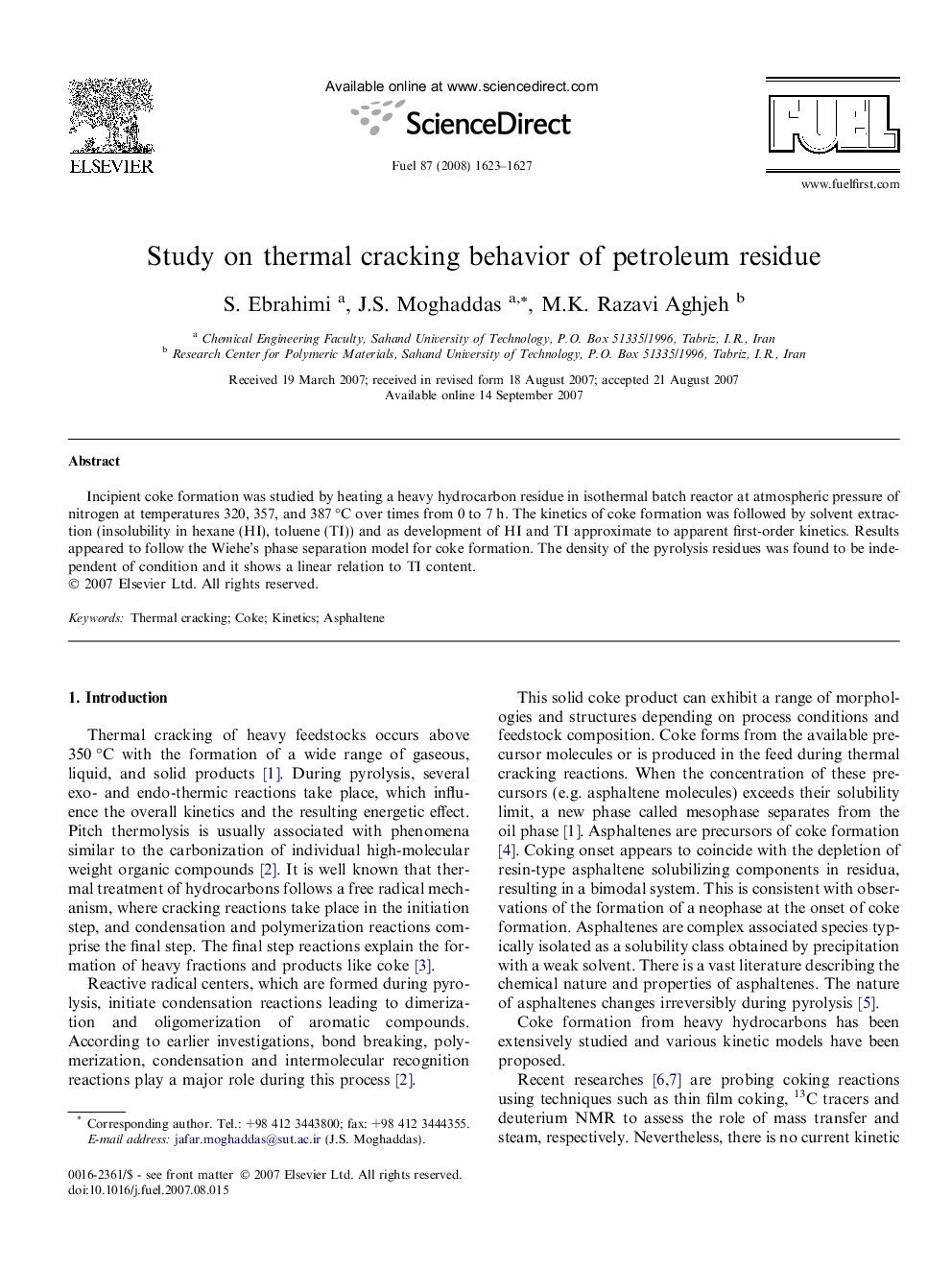 Study on thermal cracking behavior of petroleum residue