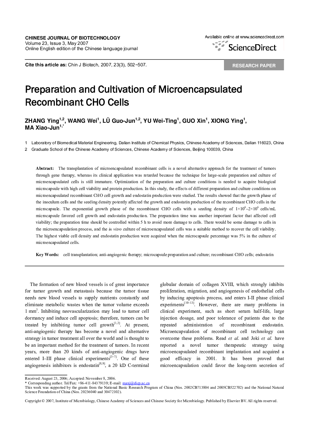 Preparation and Cultivation of icroencapsulated Recombinant CHO Cells