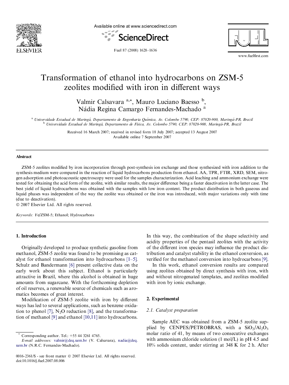 Transformation of ethanol into hydrocarbons on ZSM-5 zeolites modified with iron in different ways