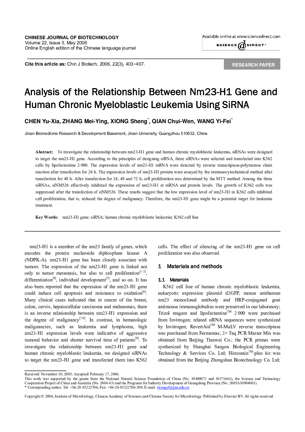 Analysis of the Relationship Between Nm23-H1 Gene and Human Chronic Myeloblastic Leukemia Using SiRNA
