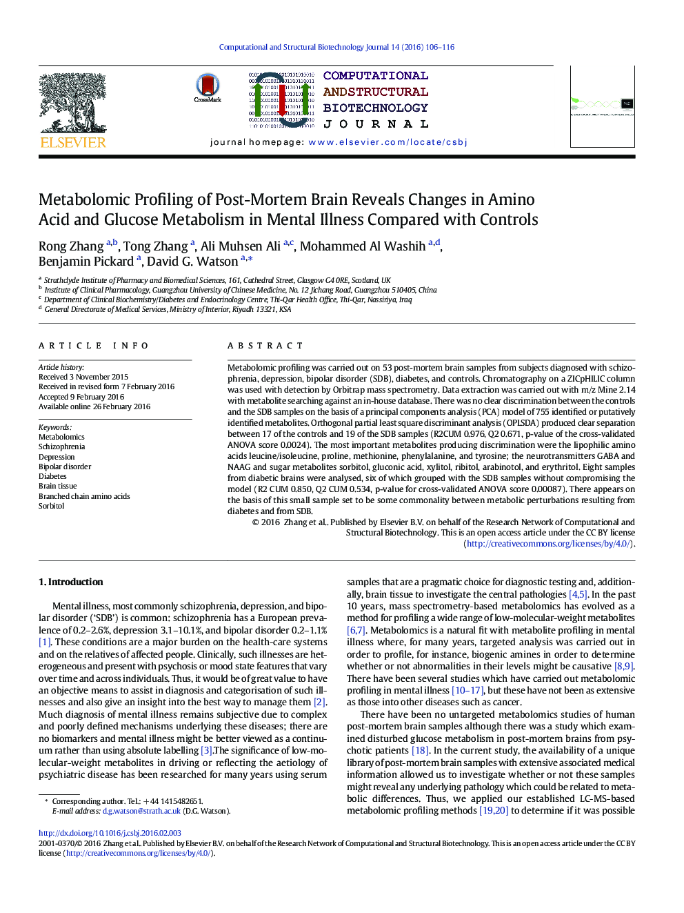 Metabolomic Profiling of Post-Mortem Brain Reveals Changes in Amino Acid and Glucose Metabolism in Mental Illness Compared with Controls