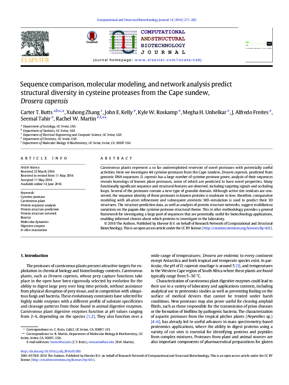 Sequence comparison, molecular modeling, and network analysis predict structural diversity in cysteine proteases from the Cape sundew, Drosera capensis