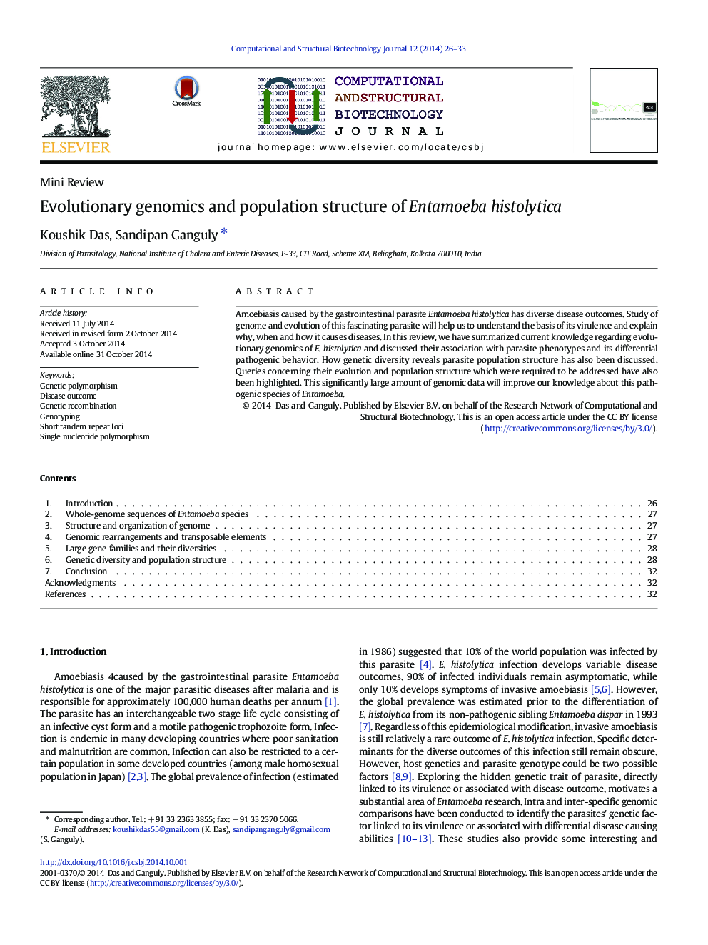 Evolutionary genomics and population structure of Entamoeba histolytica