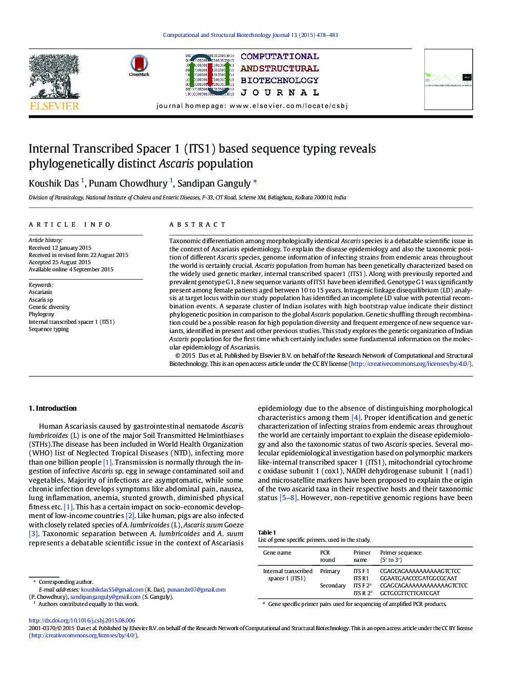 Internal Transcribed Spacer 1 (ITS1) based sequence typing reveals phylogenetically distinct Ascaris population