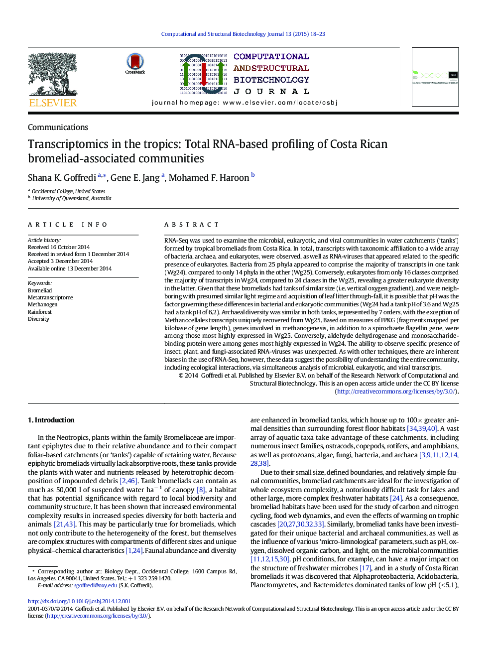 Transcriptomics in the tropics: Total RNA-based profiling of Costa Rican bromeliad-associated communities