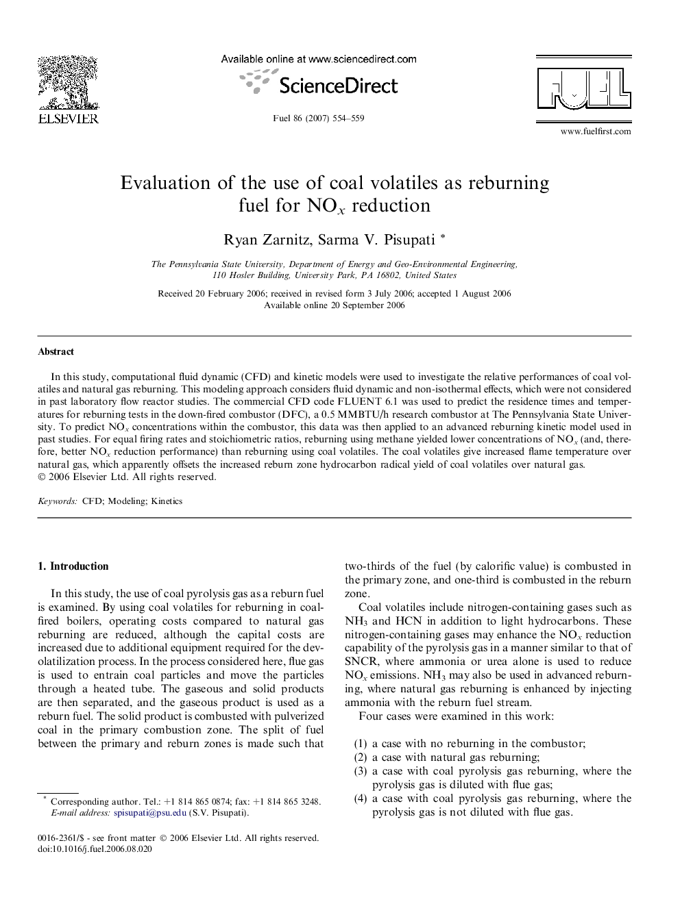 Evaluation of the use of coal volatiles as reburning fuel for NOx reduction