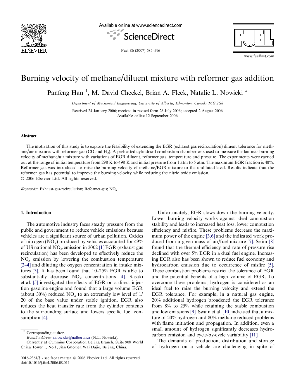 Burning velocity of methane/diluent mixture with reformer gas addition