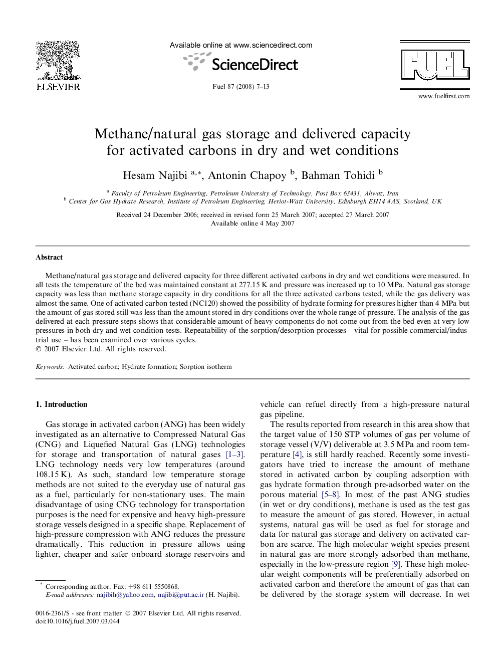 Methane/natural gas storage and delivered capacity for activated carbons in dry and wet conditions