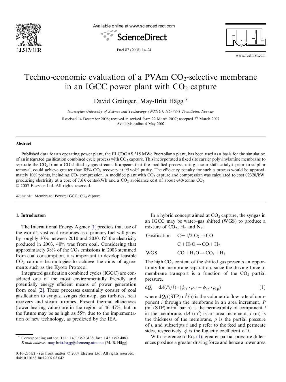 Techno-economic evaluation of a PVAm CO2-selective membrane in an IGCC power plant with CO2 capture