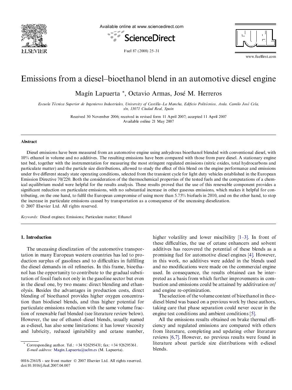 Emissions from a diesel–bioethanol blend in an automotive diesel engine