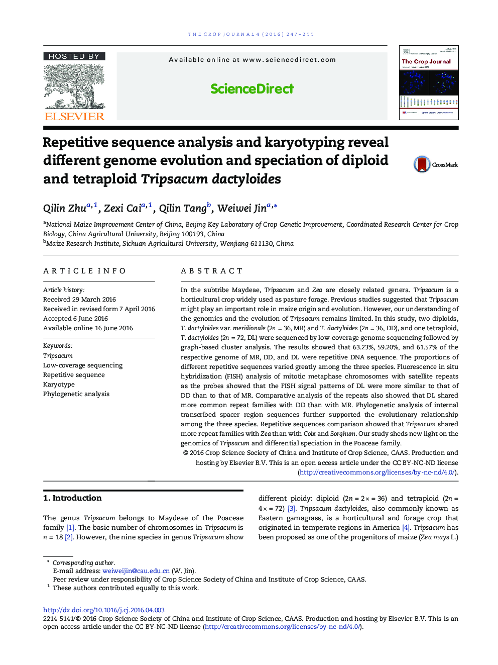 Repetitive sequence analysis and karyotyping reveal different genome evolution and speciation of diploid and tetraploid Tripsacum dactyloides