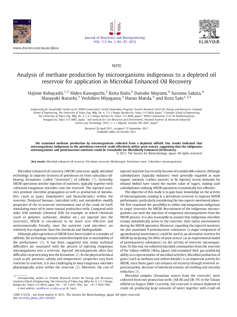 Analysis of methane production by microorganisms indigenous to a depleted oil reservoir for application in Microbial Enhanced Oil Recovery