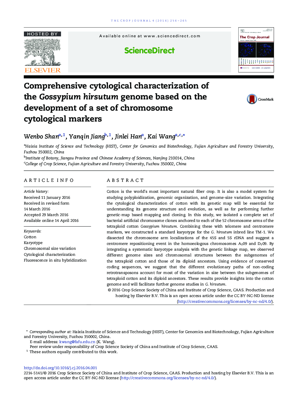 Comprehensive cytological characterization of the Gossypium hirsutum genome based on the development of a set of chromosome cytological markers