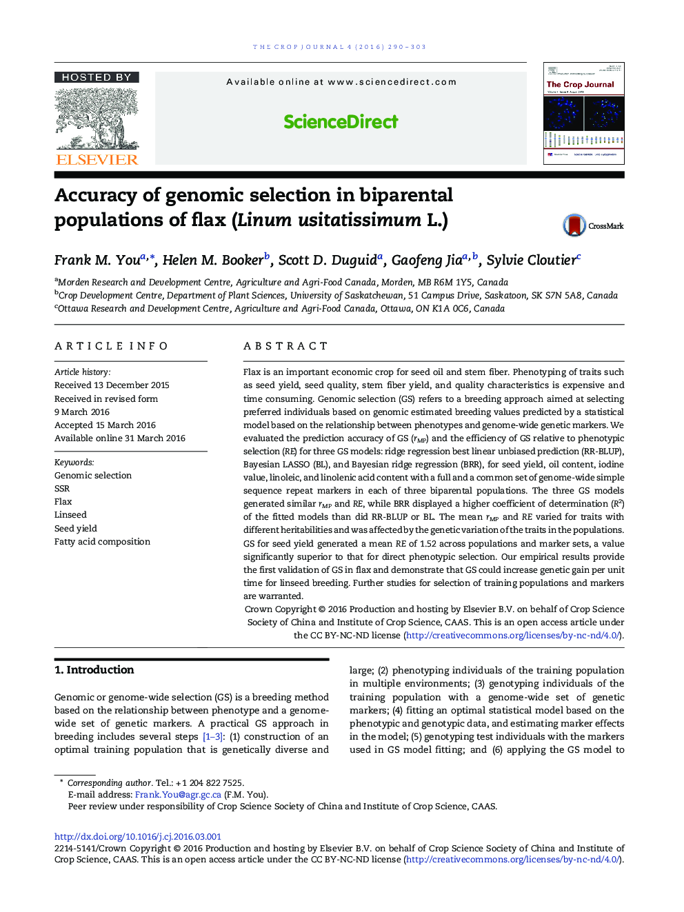 Accuracy of genomic selection in biparental populations of flax (Linum usitatissimum L.) 