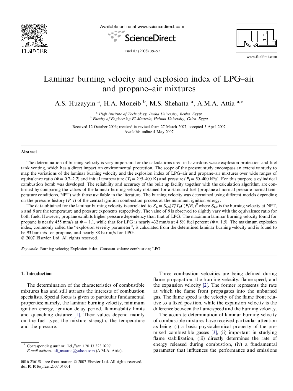 Laminar burning velocity and explosion index of LPG–air and propane–air mixtures