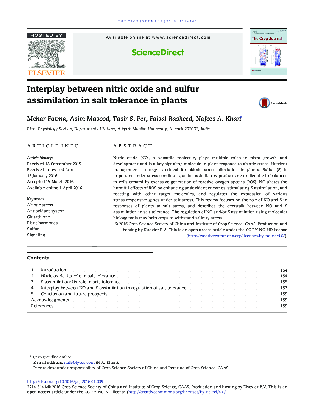 Interplay between nitric oxide and sulfur assimilation in salt tolerance in plants