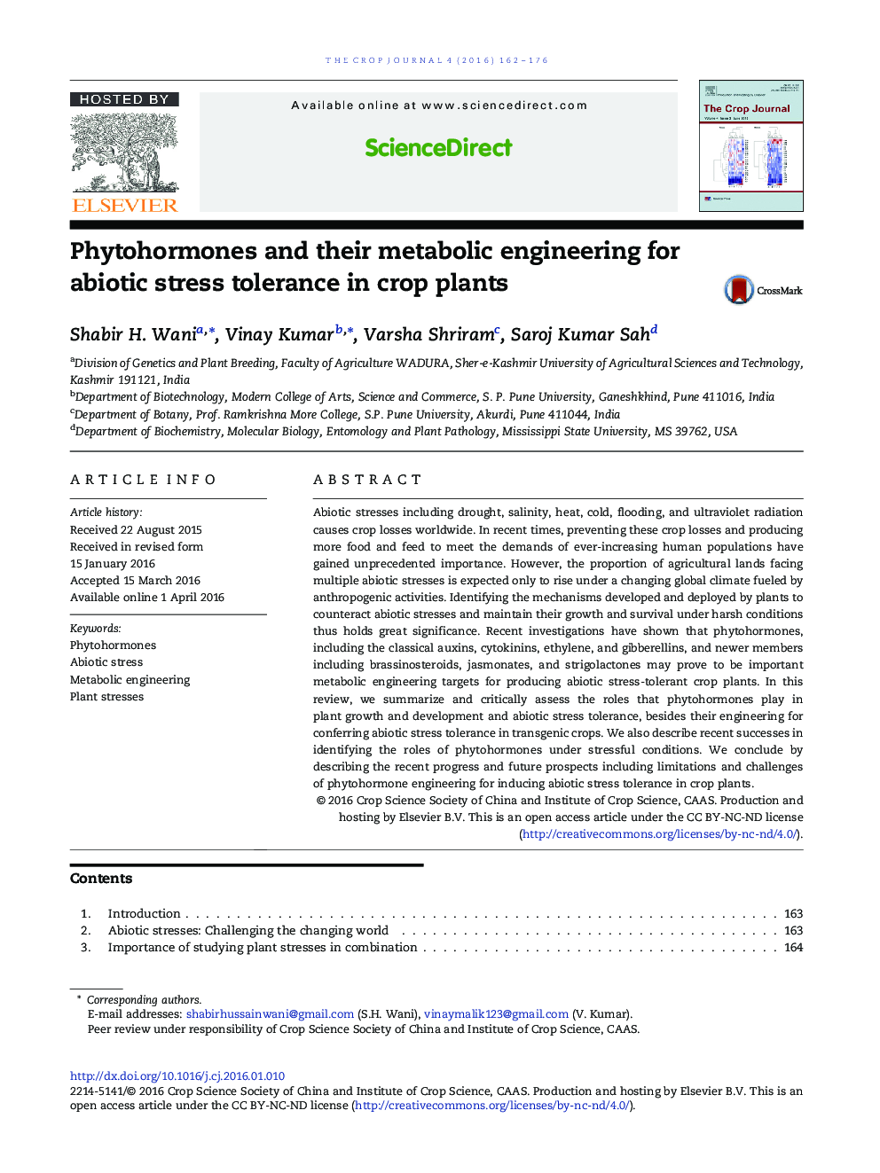 Phytohormones and their metabolic engineering for abiotic stress tolerance in crop plants 