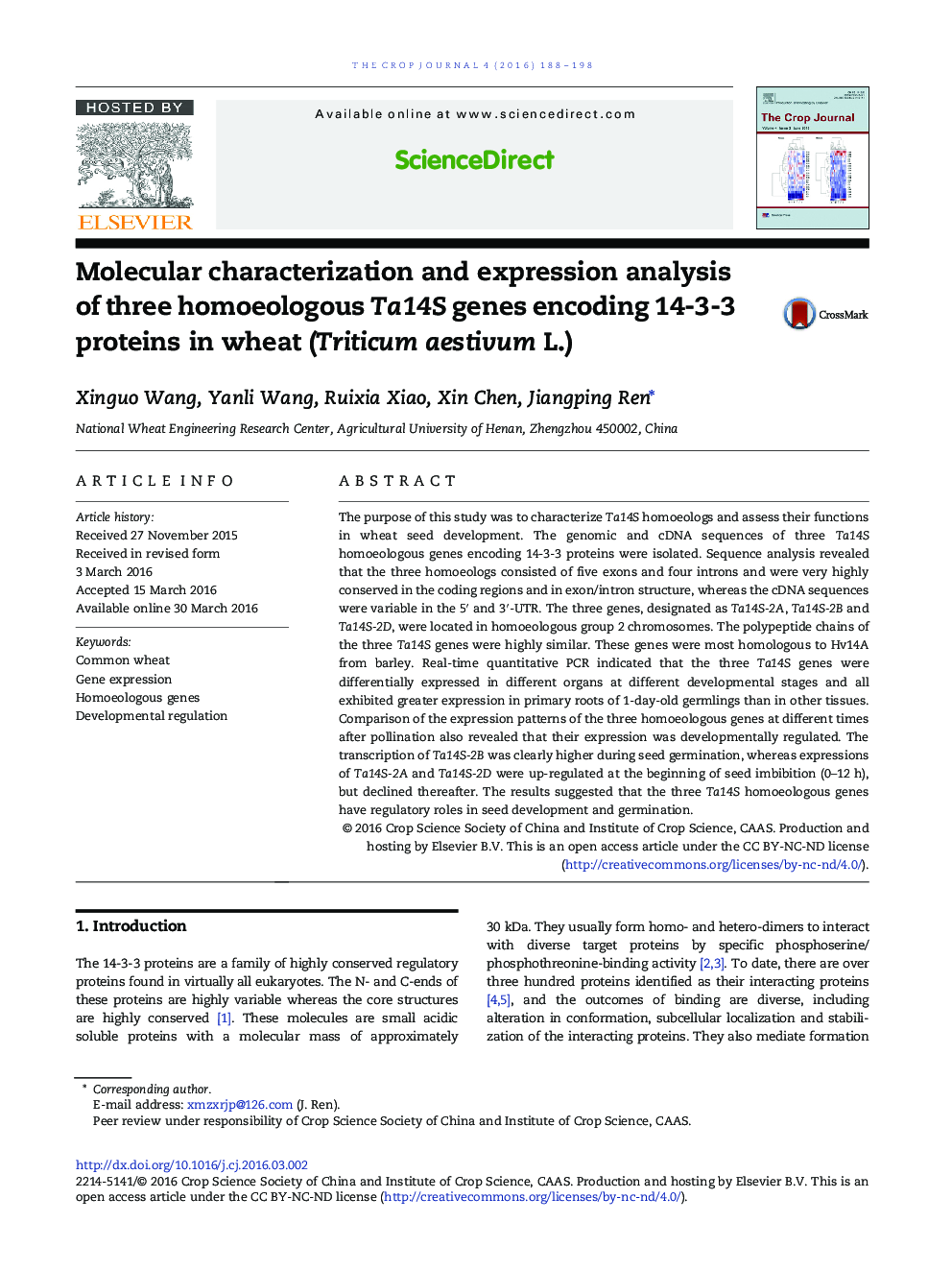 Molecular characterization and expression analysis of three homoeologous Ta14S genes encoding 14-3-3 proteins in wheat (Triticum aestivum L.)