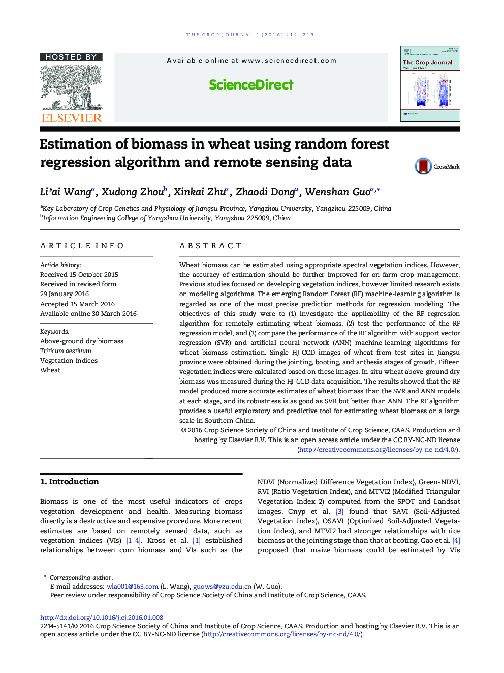 Estimation of biomass in wheat using random forest regression algorithm and remote sensing data 