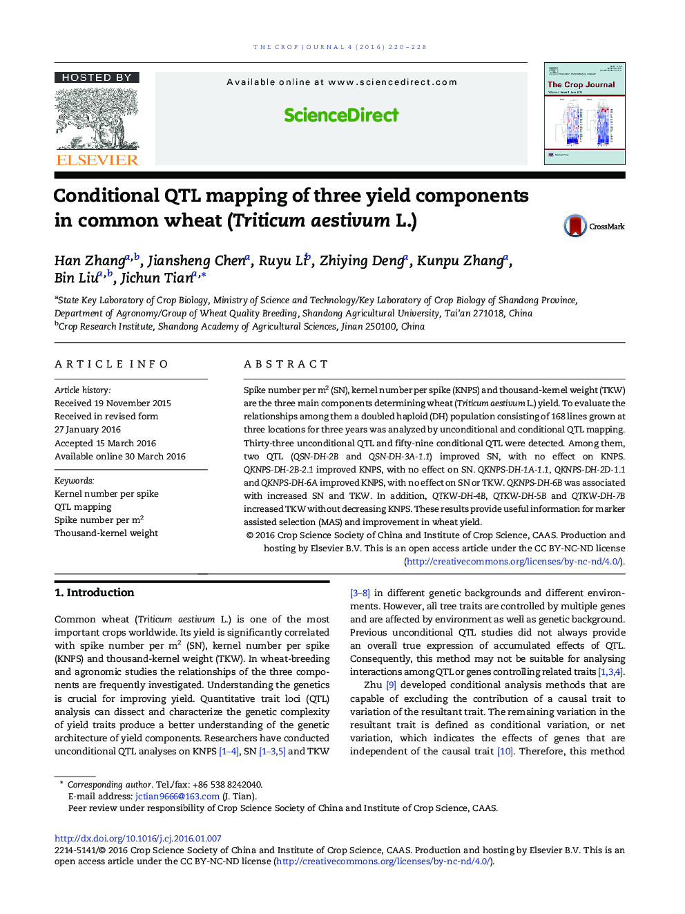 Conditional QTL mapping of three yield components in common wheat (Triticum aestivum L.) 