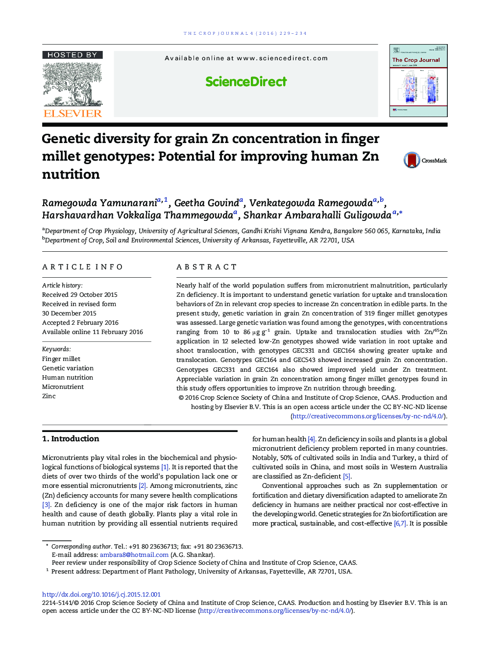 Genetic diversity for grain Zn concentration in finger millet genotypes: Potential for improving human Zn nutrition 
