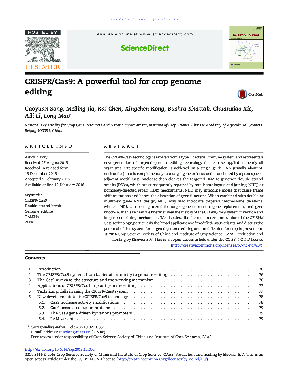 CRISPR/Cas9: A powerful tool for crop genome editing 