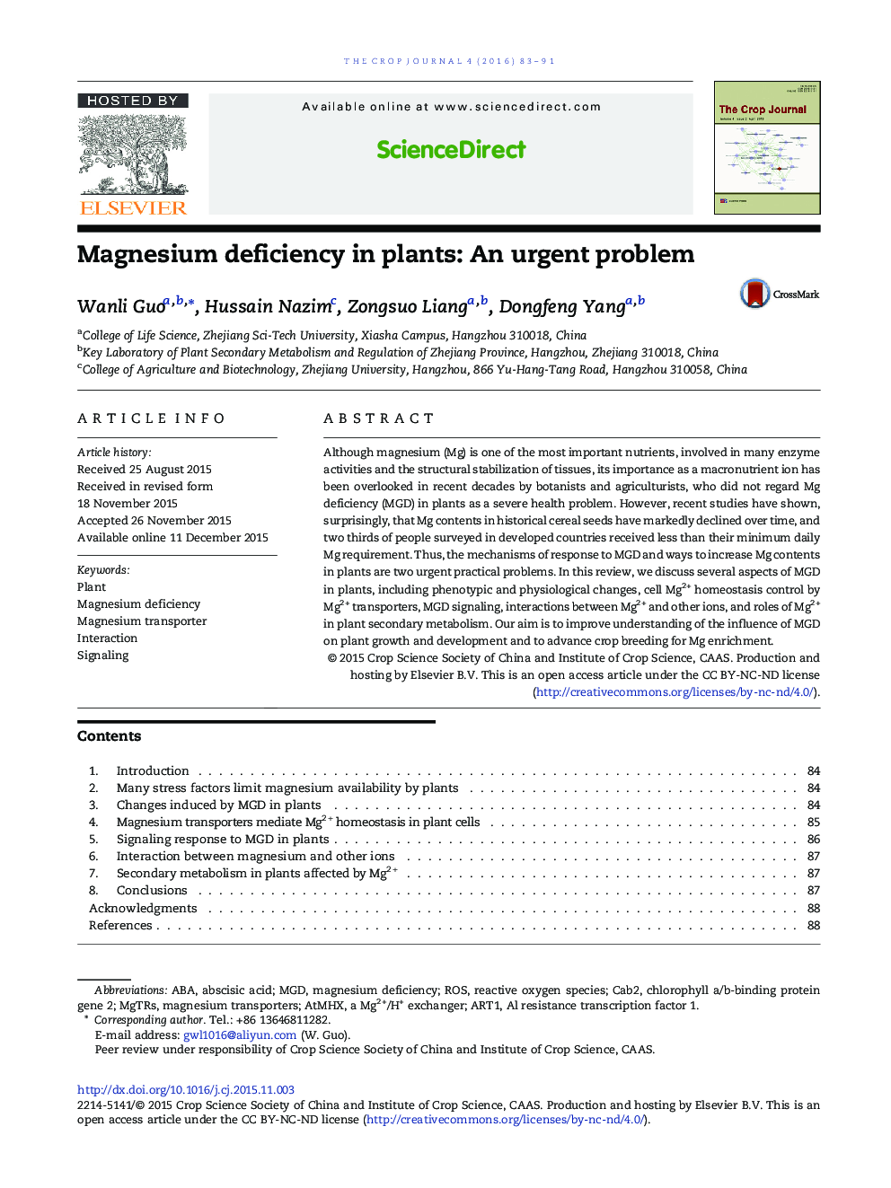 Magnesium deficiency in plants: An urgent problem 