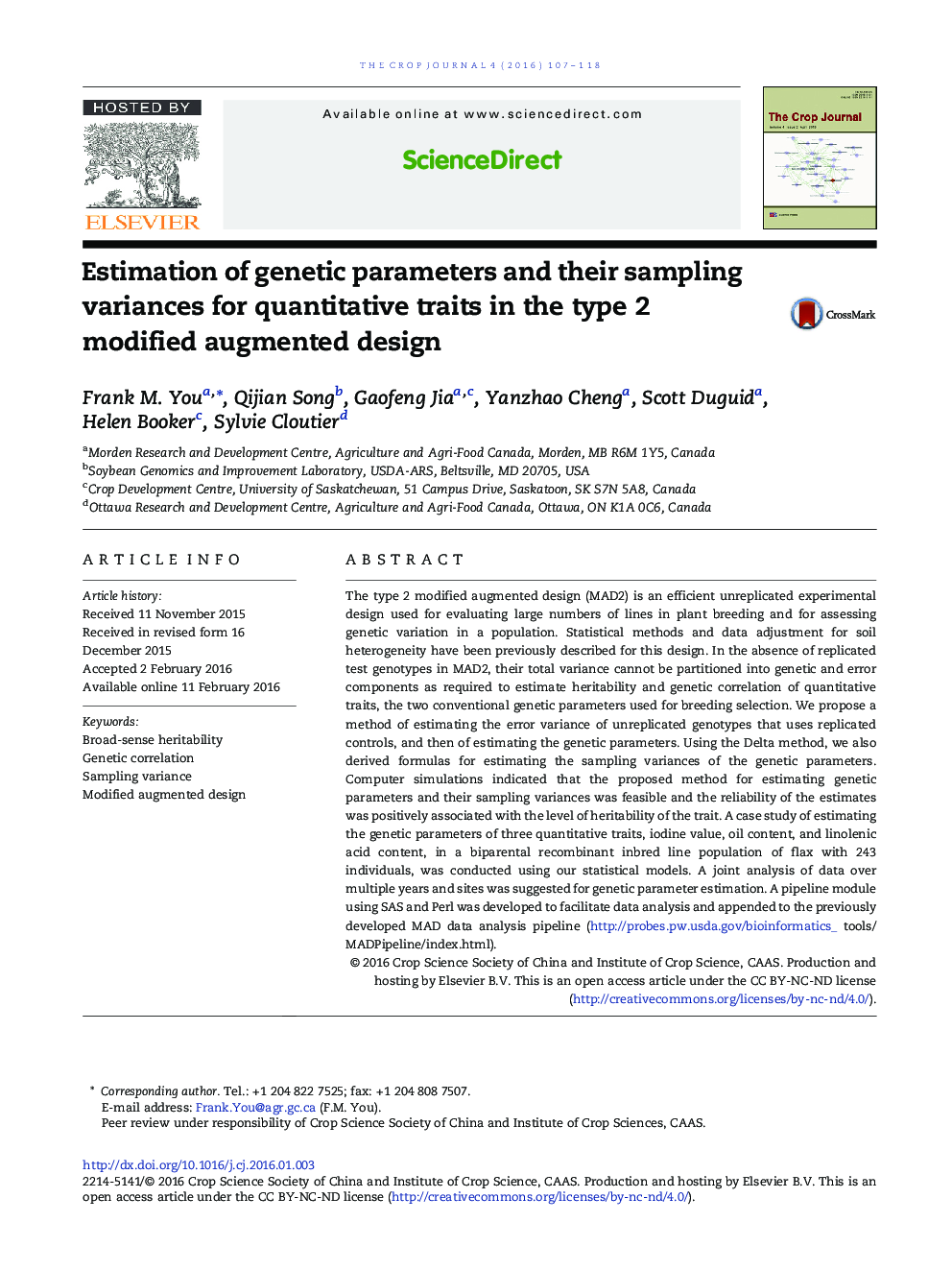 Estimation of genetic parameters and their sampling variances for quantitative traits in the type 2 modified augmented design 