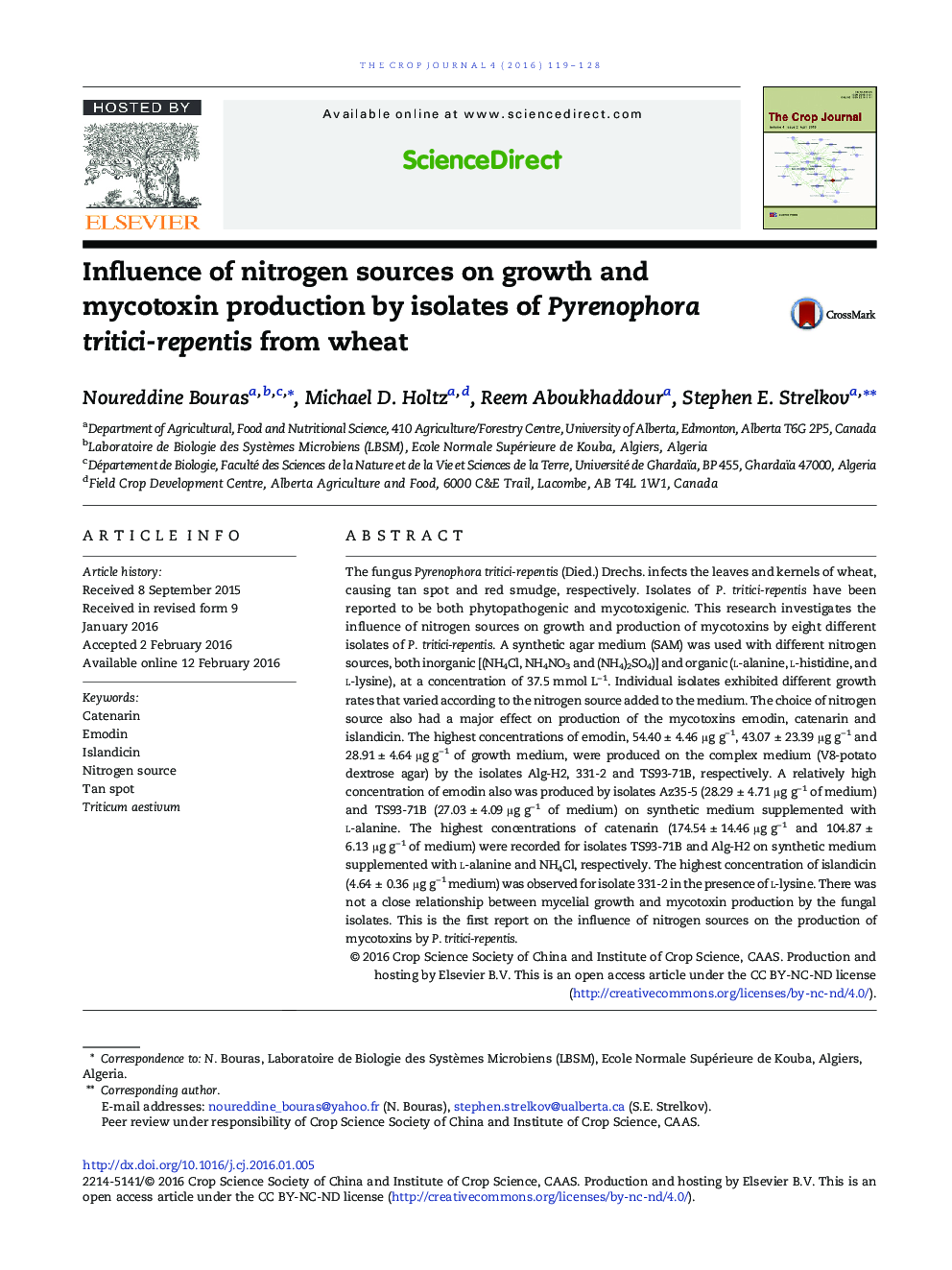 Influence of nitrogen sources on growth and mycotoxin production by isolates of Pyrenophora tritici-repentis from wheat 