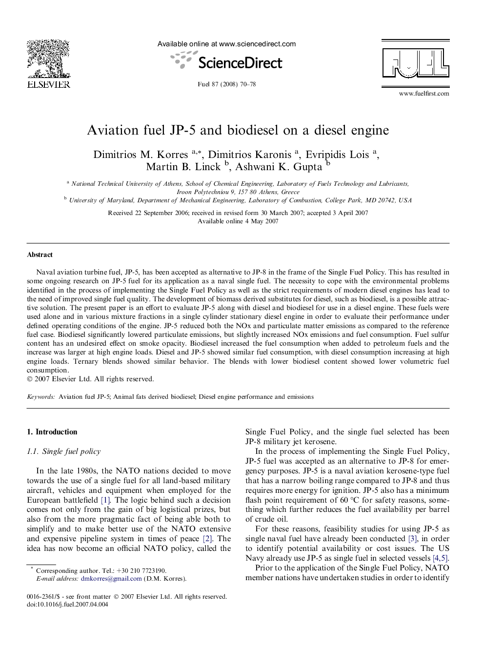 Aviation fuel JP-5 and biodiesel on a diesel engine