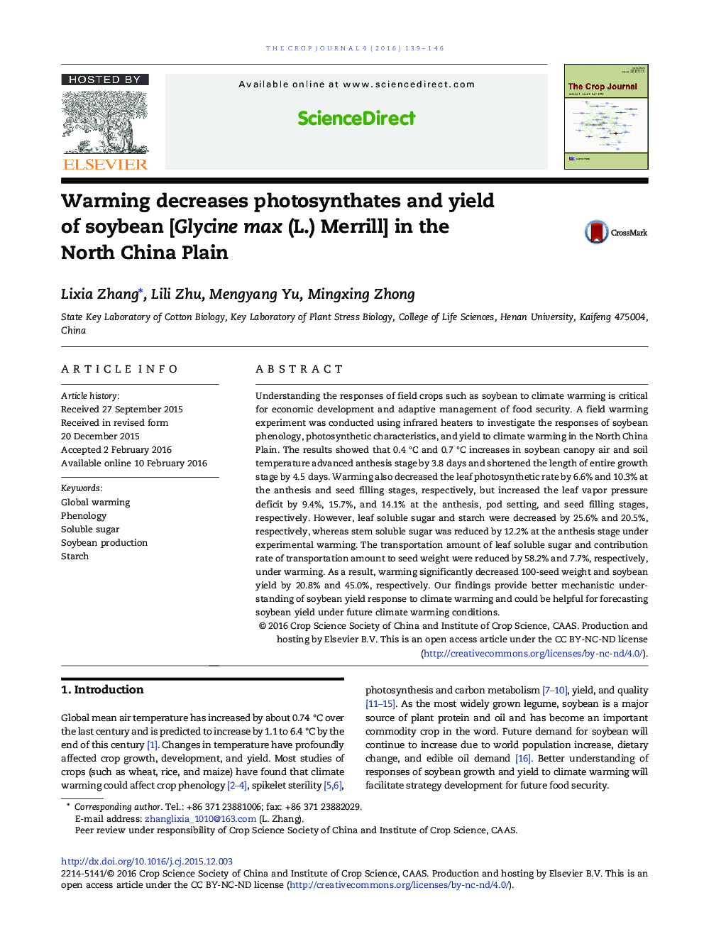 Warming decreases photosynthates and yield of soybean [Glycine max (L.) Merrill] in the North China Plain