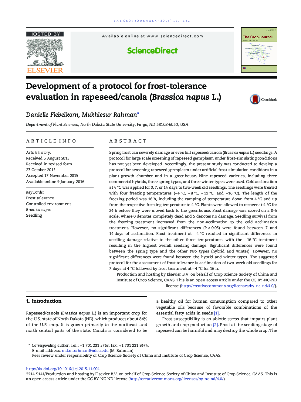 Development of a protocol for frost-tolerance evaluation in rapeseed/canola (Brassica napus L.) 