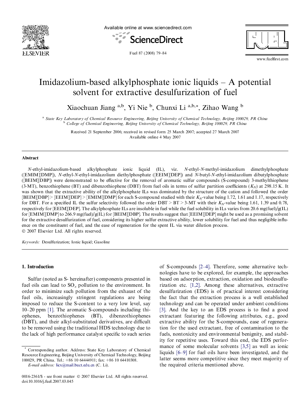 Imidazolium-based alkylphosphate ionic liquids – A potential solvent for extractive desulfurization of fuel