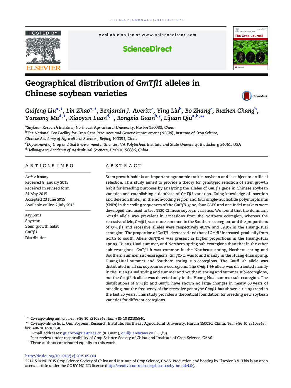 Geographical distribution of GmTfl1 alleles in Chinese soybean varieties 