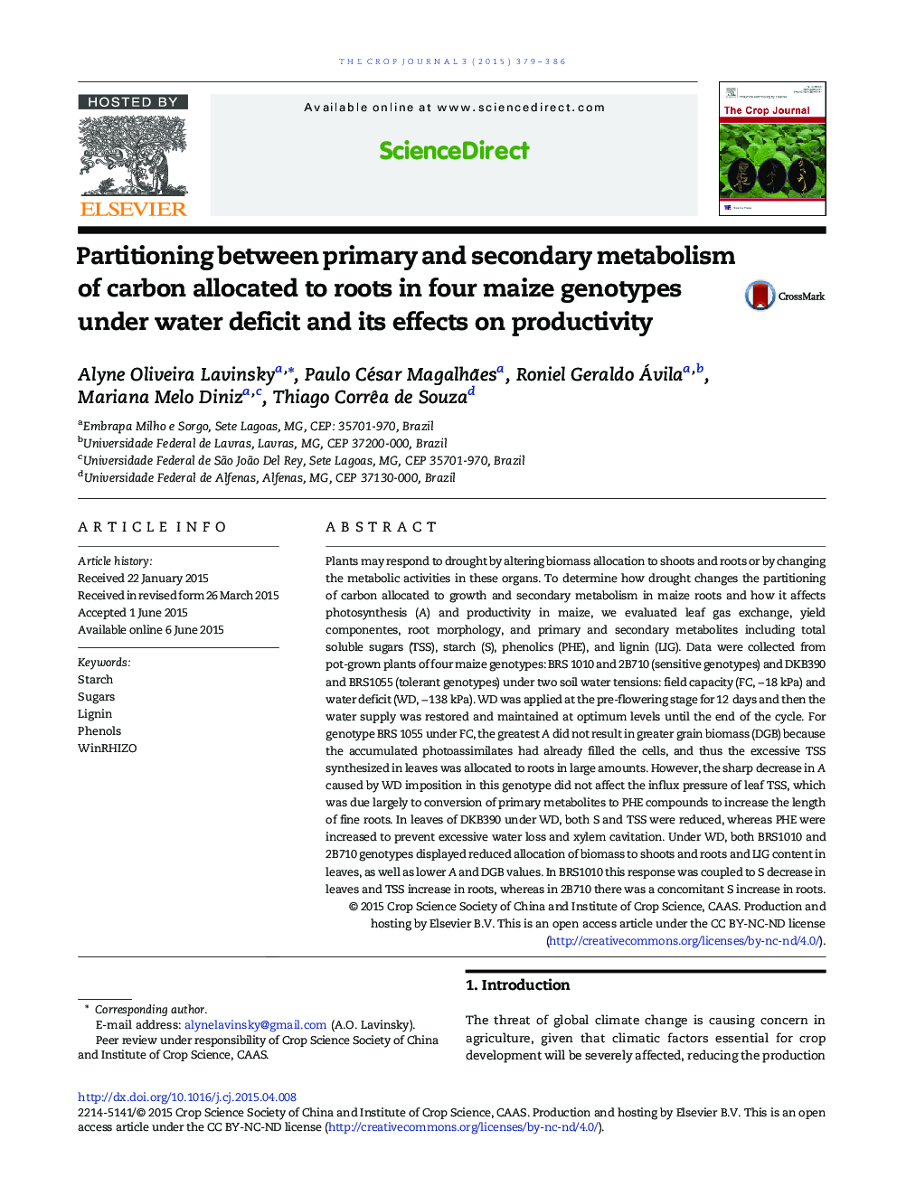 Partitioning between primary and secondary metabolism of carbon allocated to roots in four maize genotypes under water deficit and its effects on productivity 