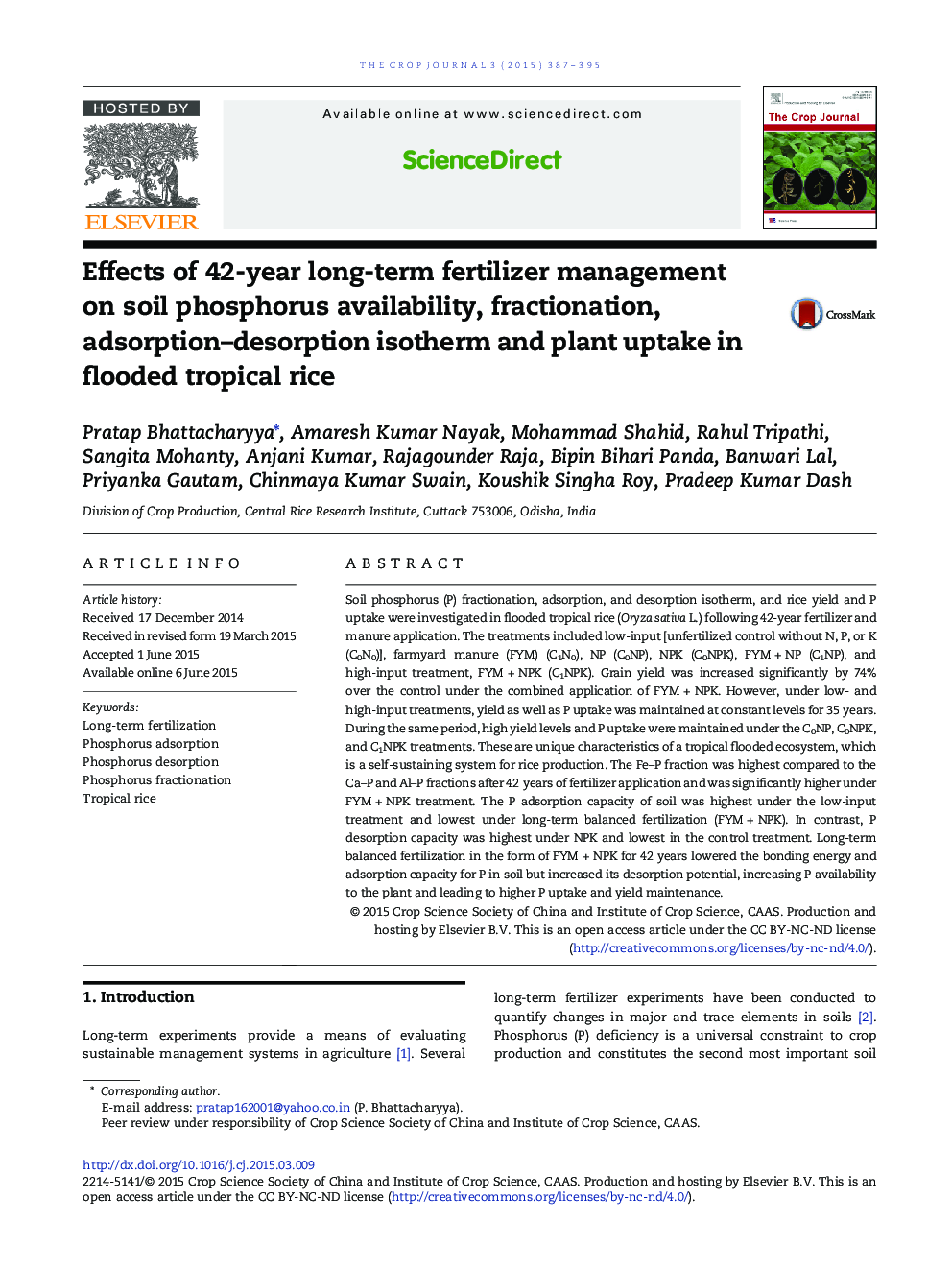 Effects of 42-year long-term fertilizer management on soil phosphorus availability, fractionation, adsorption–desorption isotherm and plant uptake in flooded tropical rice 