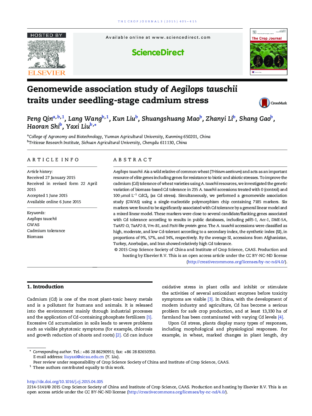 Genomewide association study of Aegilops tauschii traits under seedling-stage cadmium stress 