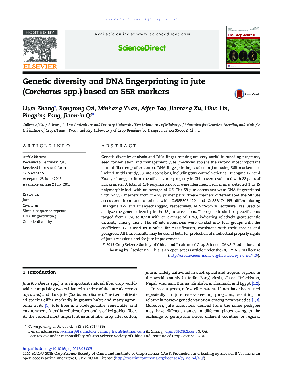 Genetic diversity and DNA fingerprinting in jute (Corchorus spp.) based on SSR markers 