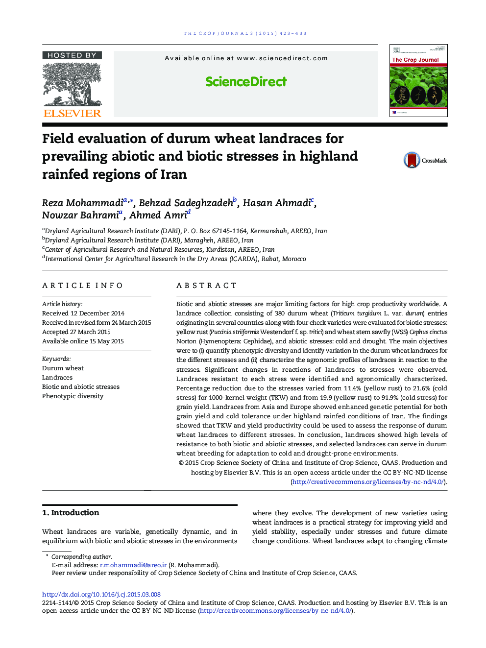 Field evaluation of durum wheat landraces for prevailing abiotic and biotic stresses in highland rainfed regions of Iran 