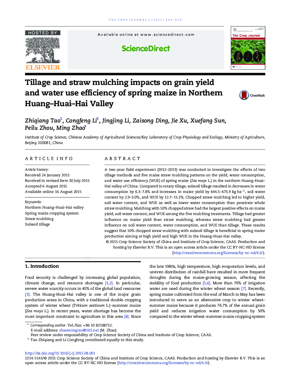 Tillage and straw mulching impacts on grain yield and water use efficiency of spring maize in Northern Huang–Huai–Hai Valley 