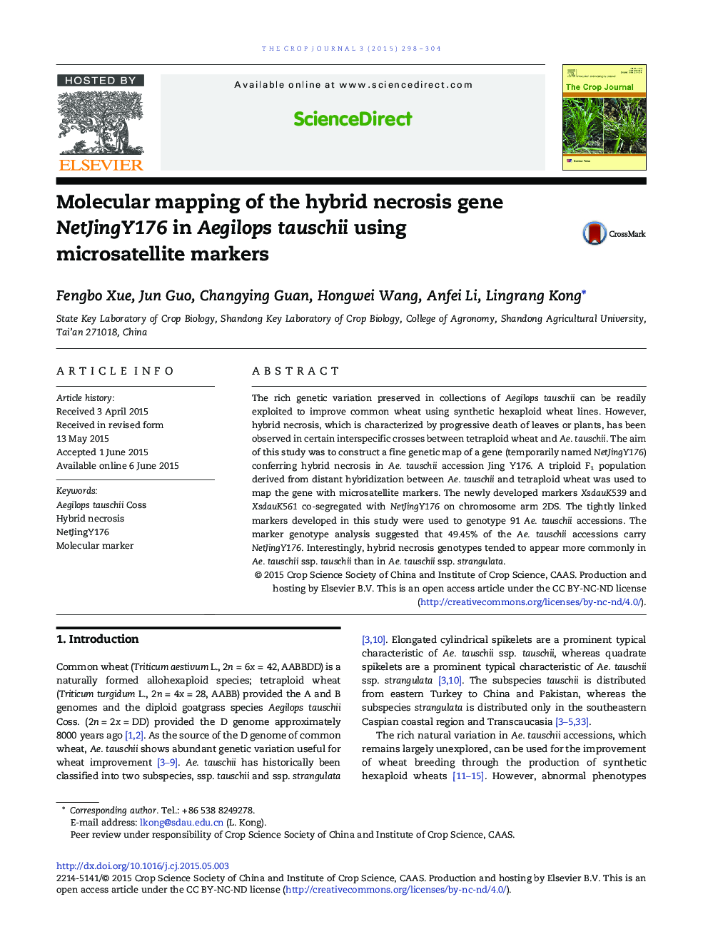 Molecular mapping of the hybrid necrosis gene NetJingY176 in Aegilops tauschii using microsatellite markers 